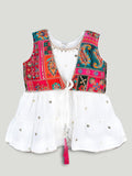 Girls White Ethnic Kurta & Dhoti Set – Multicolor Printed Jacket Festive Wear