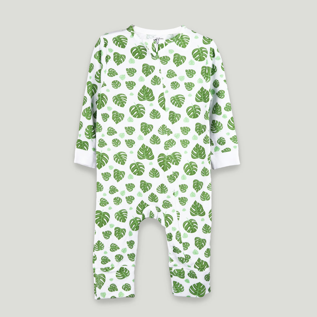 Organic cotton Leaf Print Romper/Bodysuit - Green