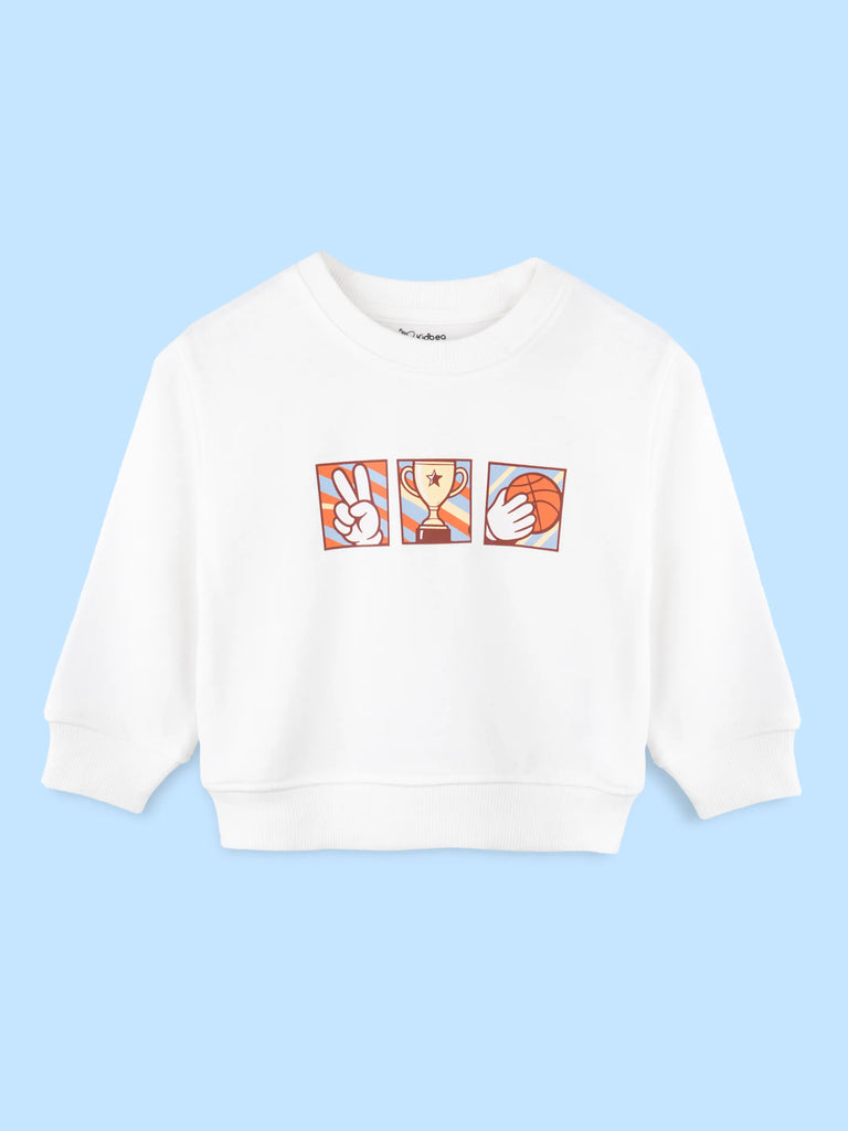 BambooTEC™ Unisex Kids Sweatshirt – White Sports Graphic Full-Sleeve Crewneck