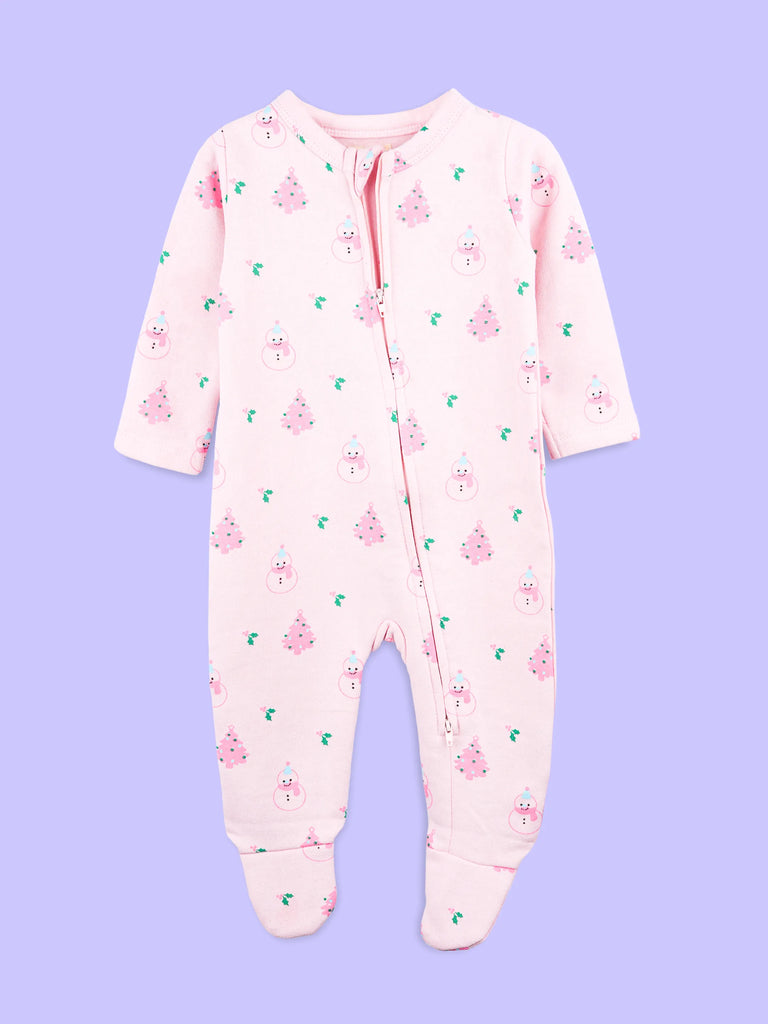Cotton Baby Girls Footed Romper – Pink Christmas Print Full-Sleeve Romper