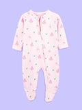 Cotton Baby Girls Footed Romper – Pink Christmas Print Full-Sleeve Romper