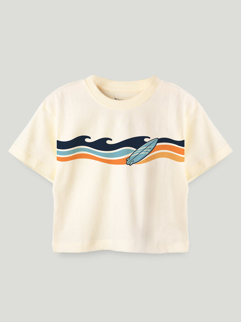 Unisex Bamboo Fabric Cream Surf Print Oversized T-Shirt