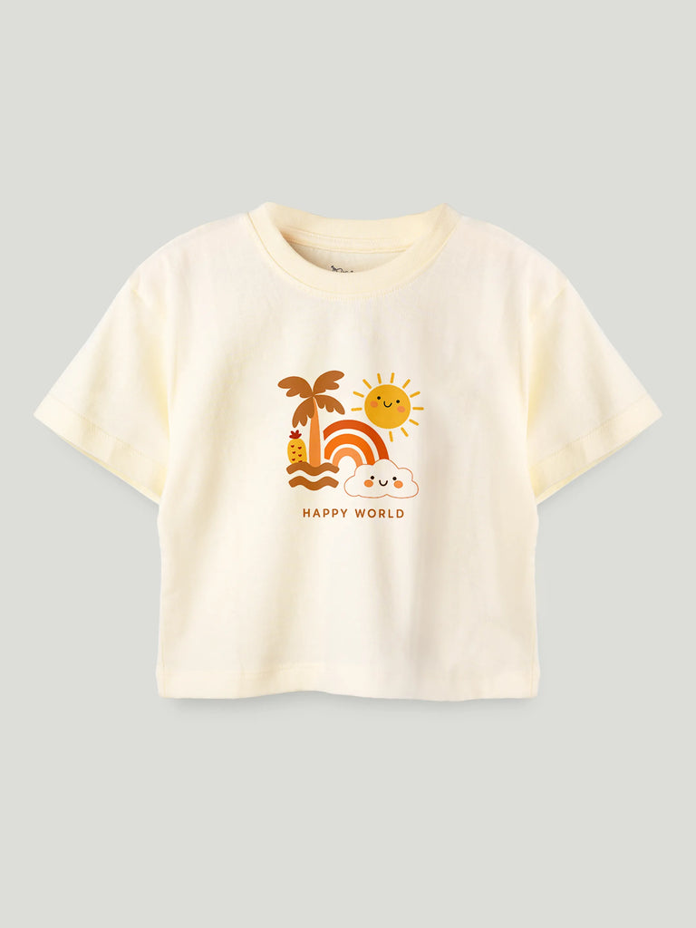 Unisex Bamboo Fabric Cream Happy World Print Oversized T-Shirt
