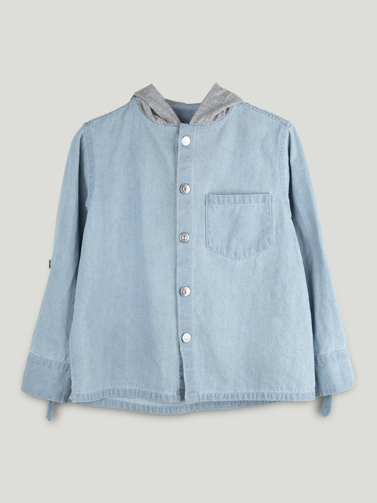 Boys Lightweight Denim Hooded Shirt Jacket - Light Blue