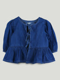 Girls Denim Peplum Top with Puff Sleeves - Dark Blue