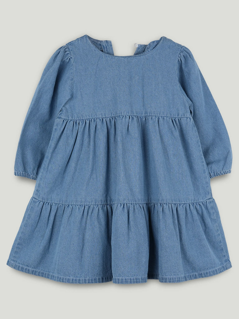 Girls Denim Tiered Full Sleeve Dress - Soft Washed Blue