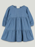 Girls Denim Tiered Full Sleeve Dress - Soft Washed Blue