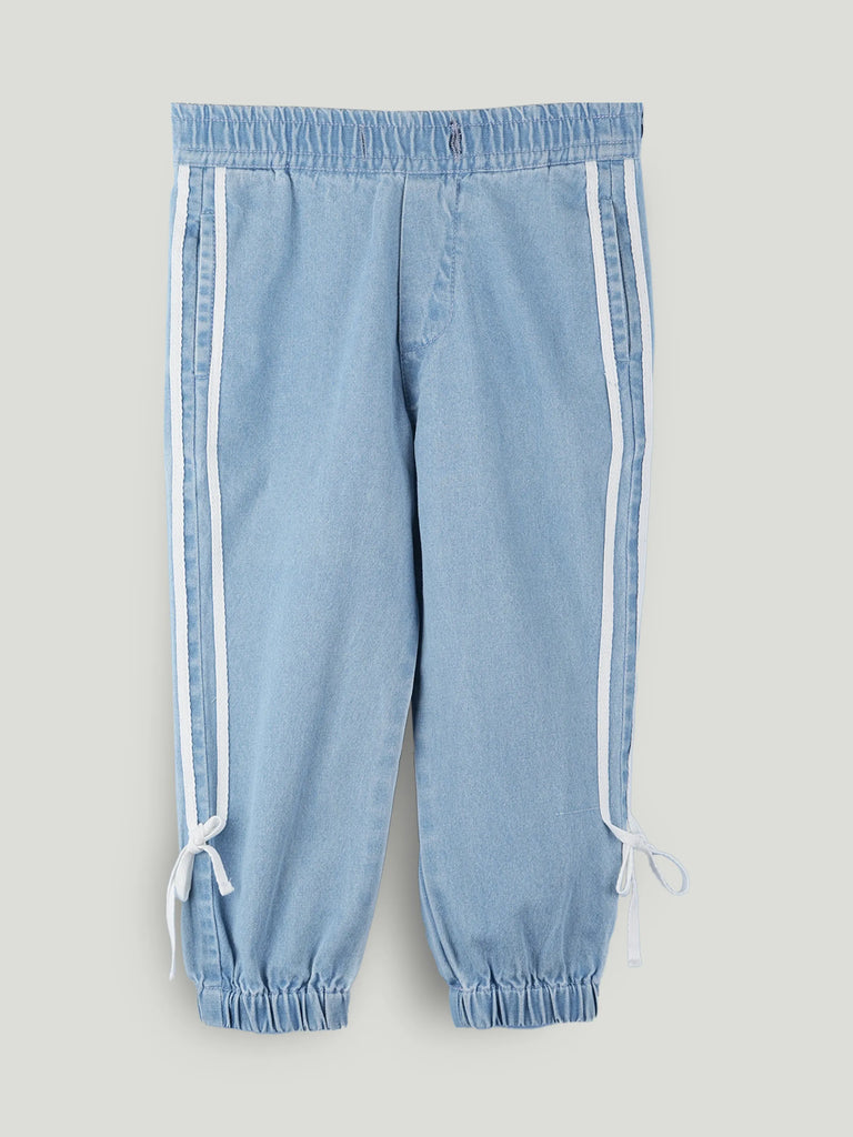 Girls Denim Jogger Pants with Side Stripe - Light Blue