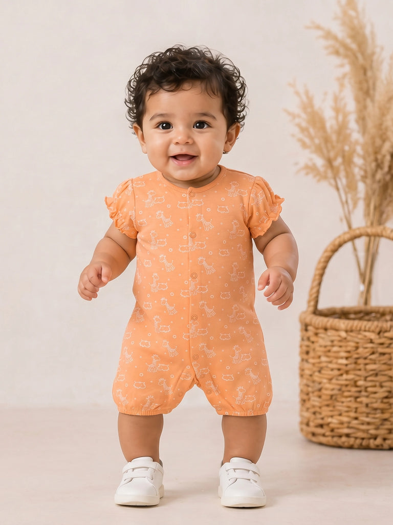 Baby Girl Orange Giraffe Print Romper with Ruffle Sleeves