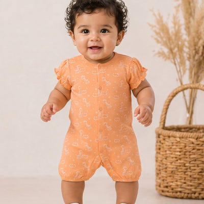 Baby Girl Orange Giraffe Print Romper with Ruffle Sleeves