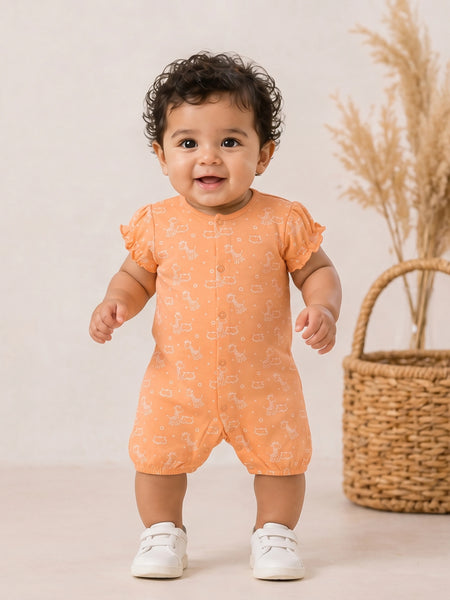 Baby Girl Orange Giraffe Print Organic Cotton Romper with Ruffle Sleeves