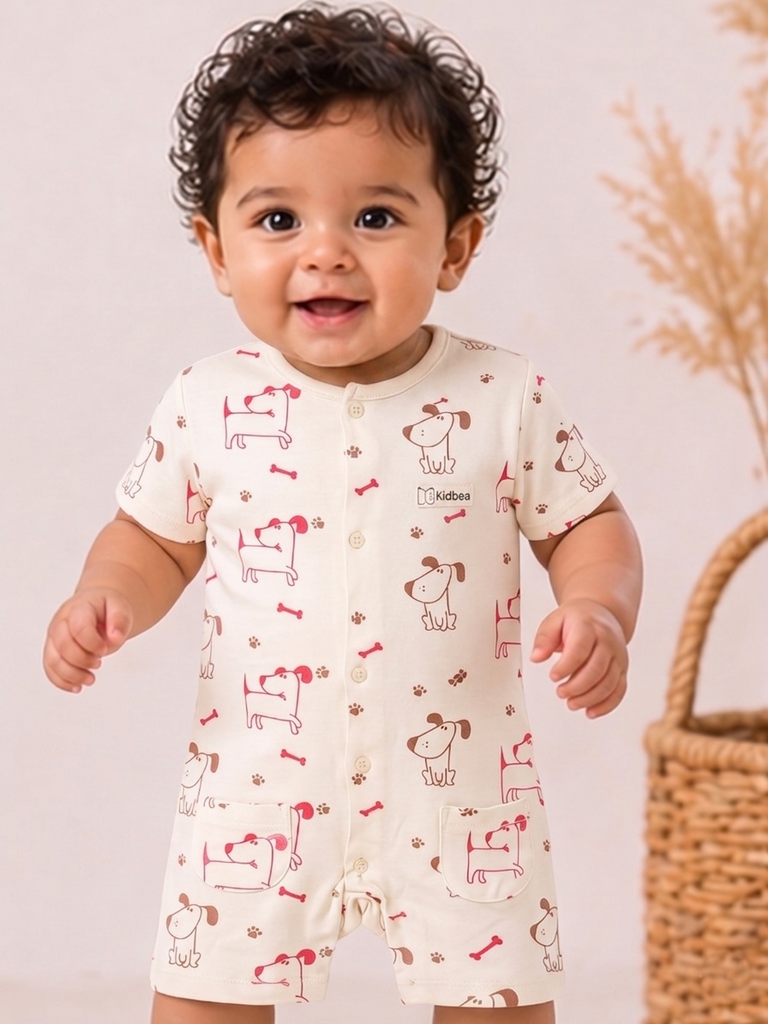 Baby Unisex Dog Print Romper with Ruffle Sleeves