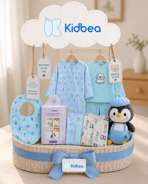 Tiny Joy - Baby Welcome Hamper Gift Set – Romper, Co-ord Set, Jhablas, Bib, Muslin Napkins & Soft Toy