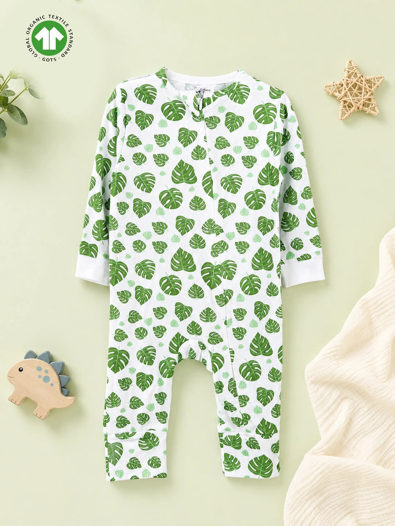 Organic cotton Leaf Print Romper/Bodysuit - Green