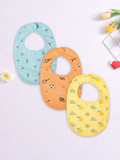 Organic Cotton Baby Bib Pack of 3 – Soft Breathable Lemon,  Beach & Football Print, Feeding & Drool Bibs