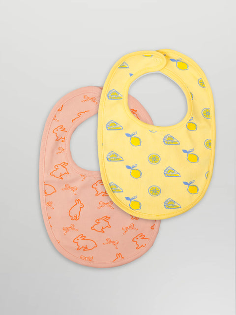 Organic Cotton Baby Bib Pack of 2 – Soft Breathable Lemon & Bunny Print, Feeding & Drool Bibs