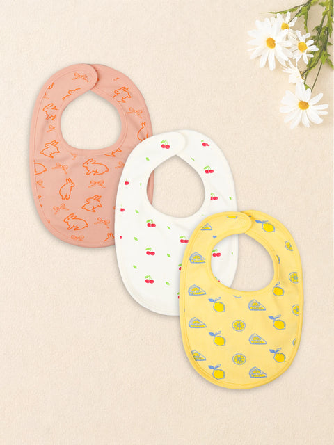 Organic Cotton Baby Bib Pack of 3 – Soft Breathable Lemon, Bunny & Cherry Print, Feeding & Drool Bibs