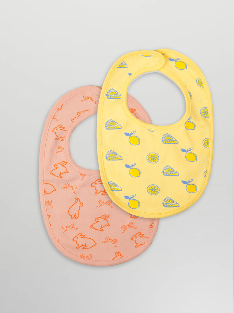 Organic Cotton Baby Bib Pack of 2 – Soft Breathable Lemon & Bunny Print, Feeding & Drool Bibs