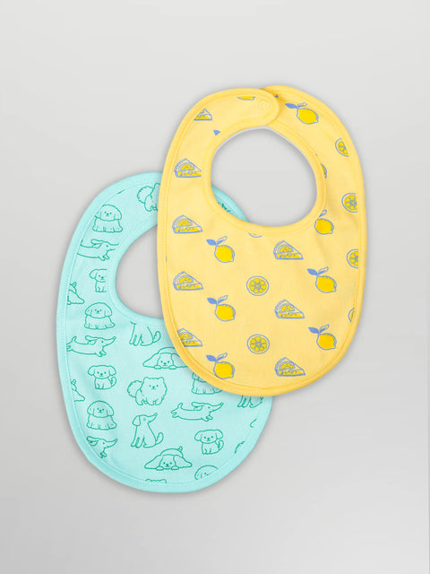 Organic Cotton Baby Bib Pack of 2 – Soft Breathable Lemon & Dog Print, Feeding & Drool Bibs