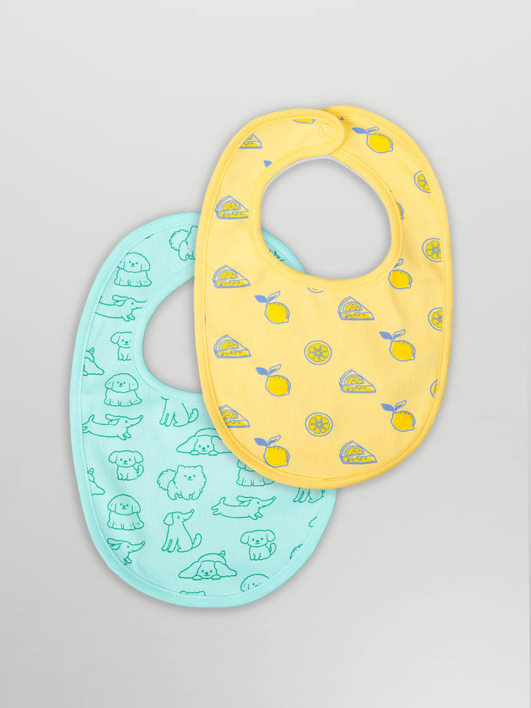 Organic Cotton Baby Bib Pack of 2 – Soft Breathable Lemon & Dog Print, Feeding & Drool Bibs