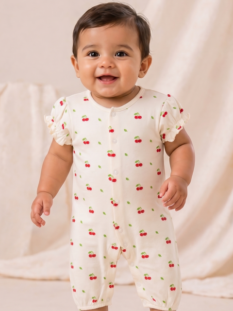 Baby Girl Cherry Print Romper with Ruffle Sleeves