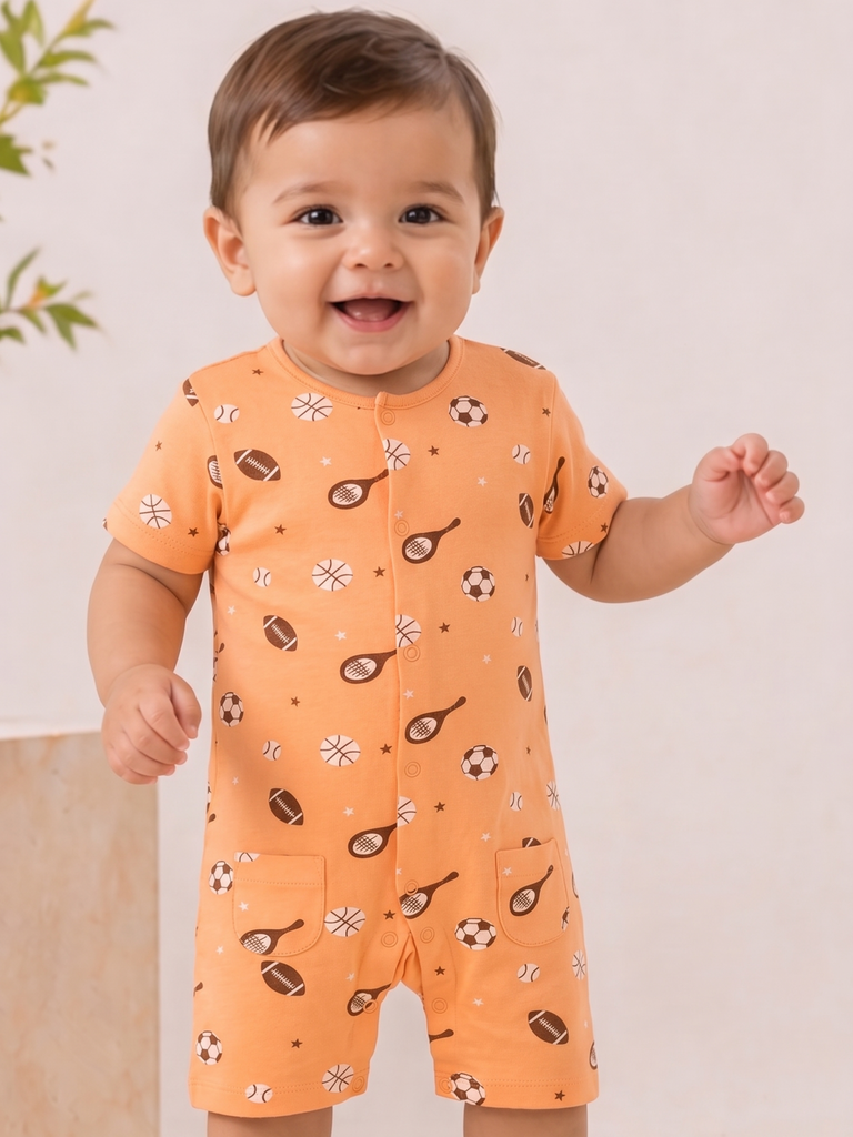 Baby Unisex Orange Football Print Romper with half Sleeves