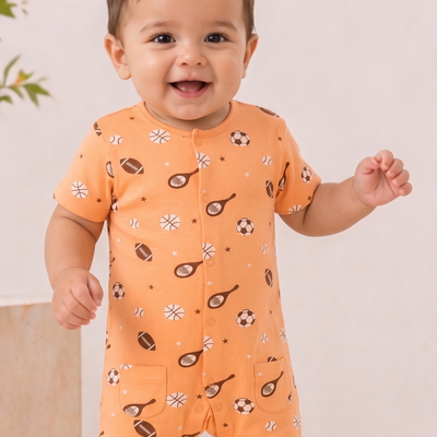 Baby Unisex Orange Football Print Romper with half Sleeves