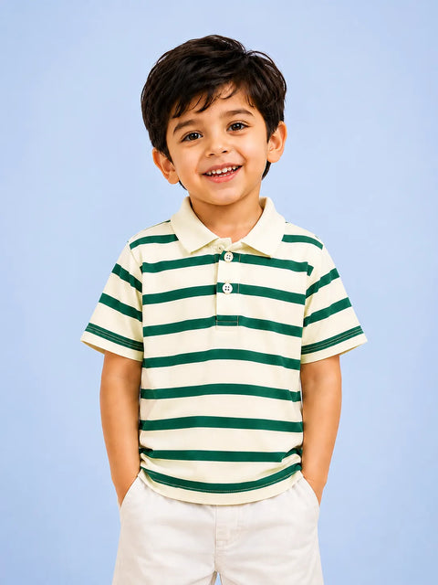 Boys Bamboo Fabric Green Striped Polo T-Shirt
