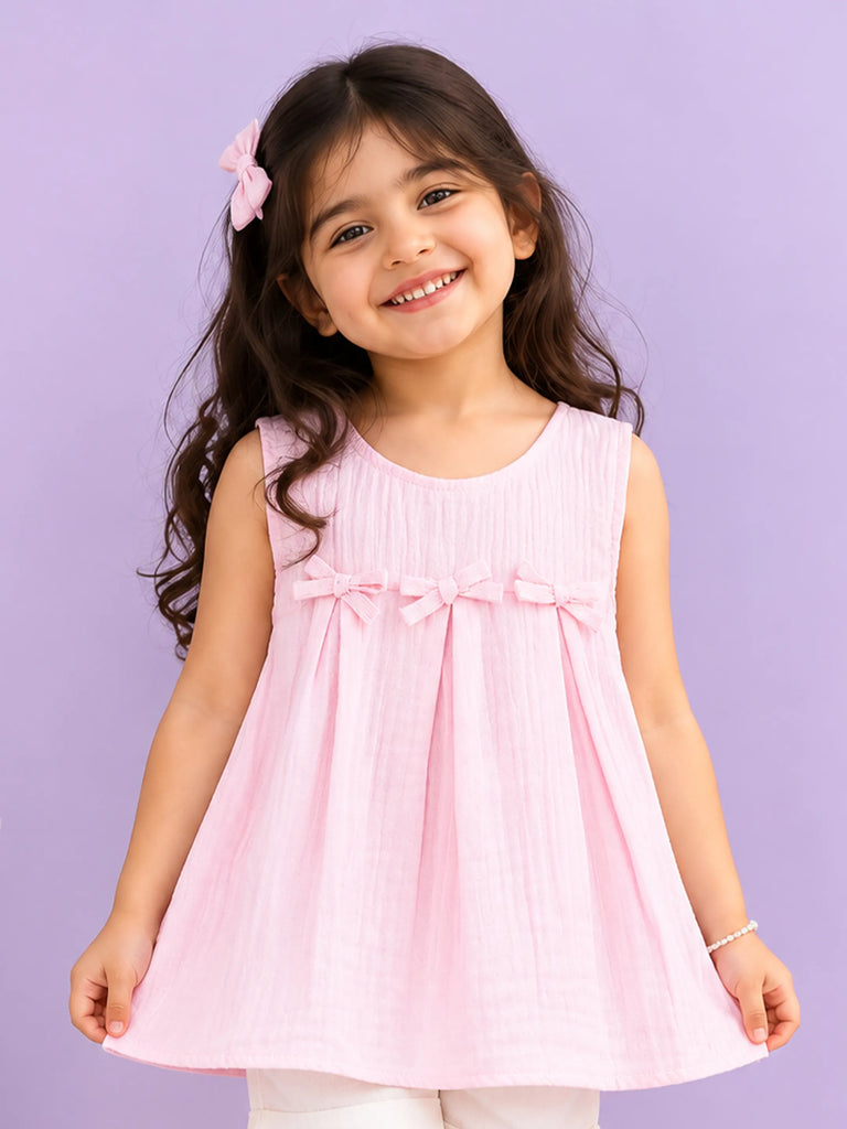 Girls Cotton Dress – Light Pink Sleeveless A-Line Dress with Bow Details