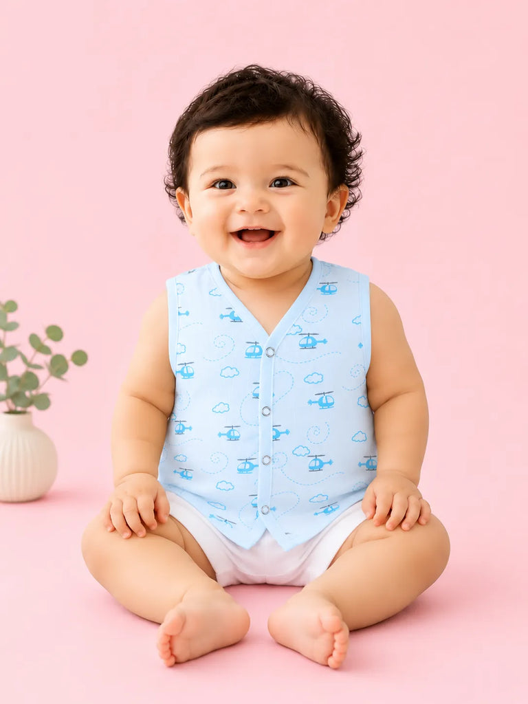BambooTEC™ Bamboo Muslin Baby Jhabla Pack of 5 – Chess, Monkey, Submarine, Numbers & Helicopter Prints