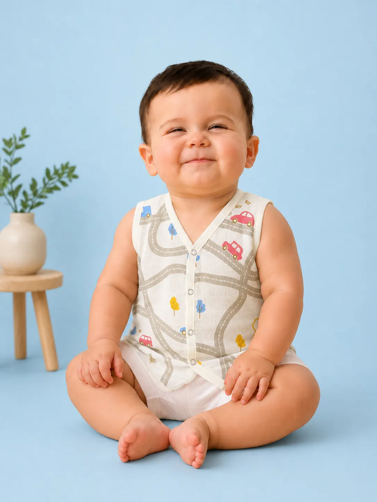 BambooTEC™ Bamboo Muslin Baby Jhabla Pack of 4 – Road, Submarine, Space & Giraffe Prints