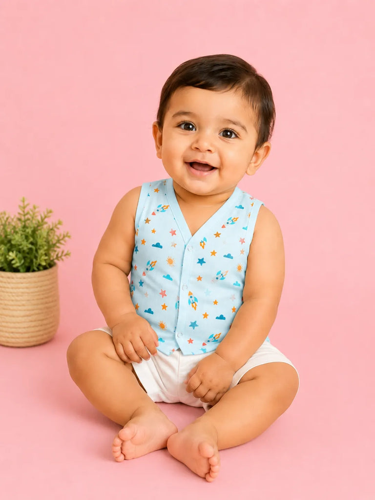 BambooTEC™ Bamboo Muslin Baby Jhabla Pack of 5 – Travel, Chess, Magic, Rocket & Giraffe Prints