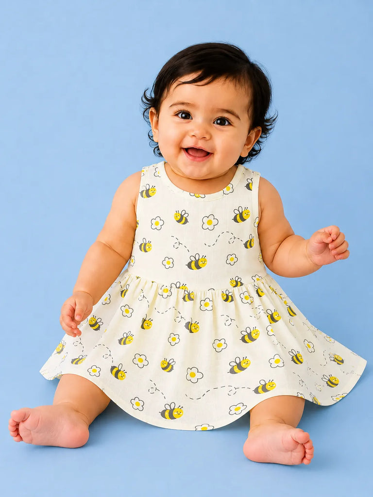 BambooTEC™ Bamboo Muslin Baby Frock – Bee & Daisy Print, Soft & Breathable Dress