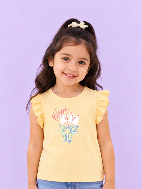 Girls Yellow Top – Bloom Floral Print with Ruffle Sleeves