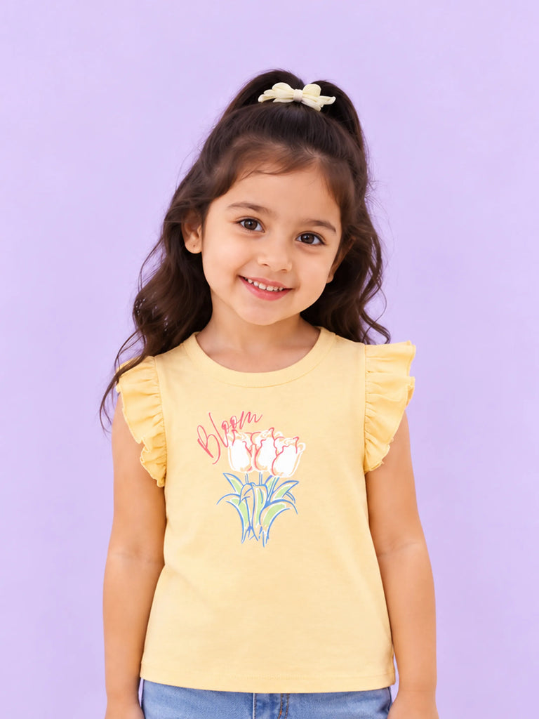 Girls Yellow Top – Bloom Floral Print with Ruffle Sleeves
