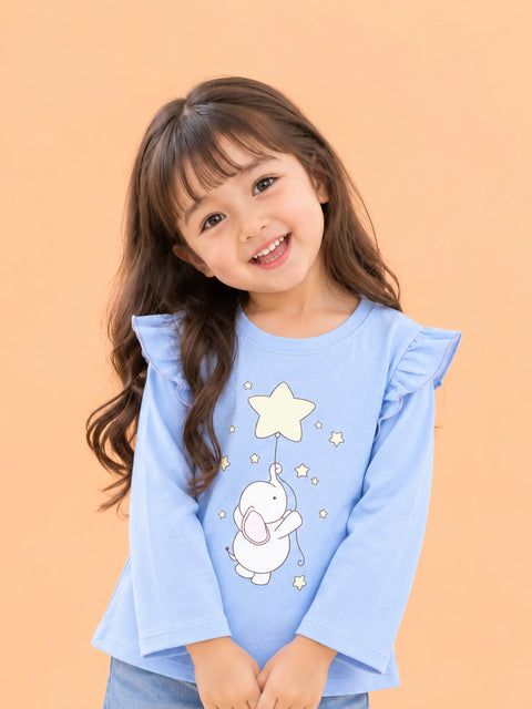 Girls Blue Full-Sleeve Top – Star & Elephant Print