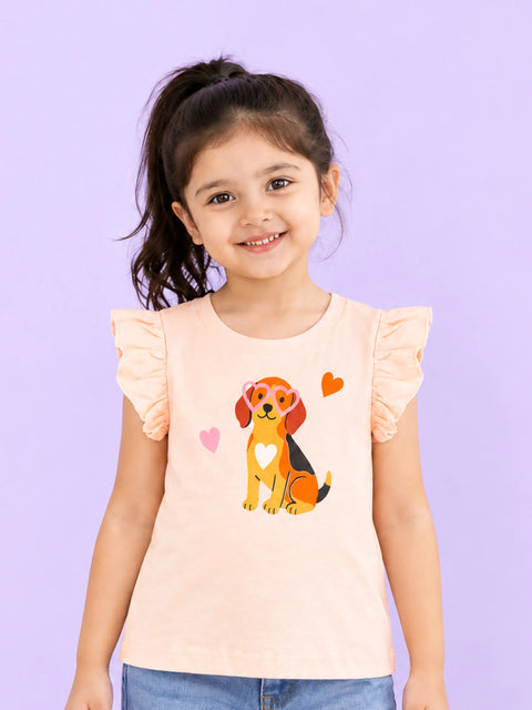 Girls Peach Top – Cute Puppy Print with Ruffle Sleeves
