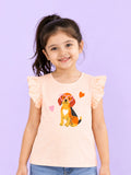Girls Peach Top – Cute Puppy Print with Ruffle Sleeves