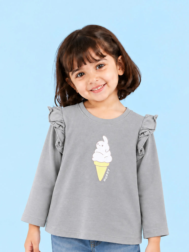 Girls Grey Full-Sleeve Top – Ice Cream Bunny Print