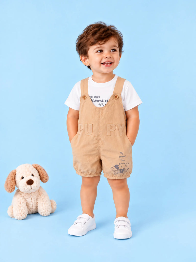 Kids Cotton Dungaree Set with T-Shirt – Beige Suspender Romper & White Tee Set