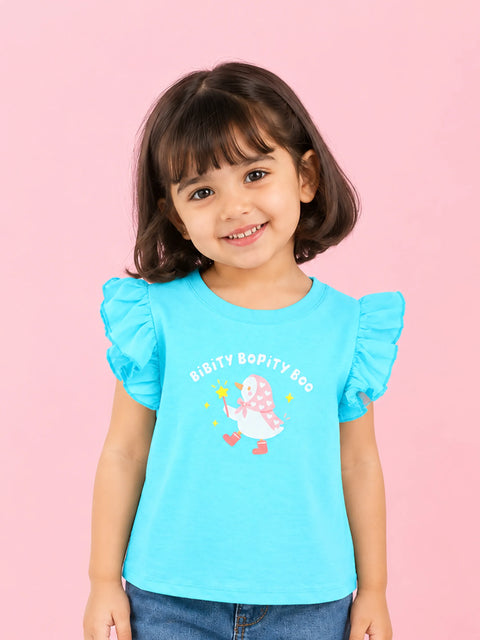 Girls Blue Top – Bibity Bopity Boo Penguin Print with Ruffle Sleeves