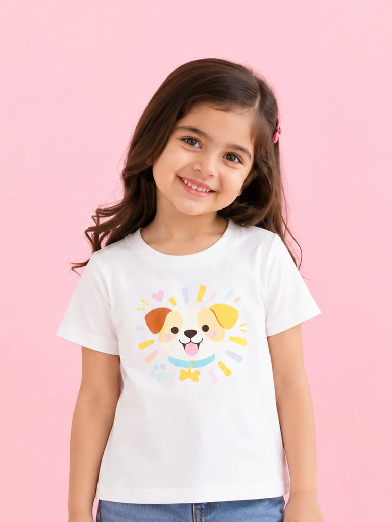 Girls White Top – Cute Puppy Print with Round Neck