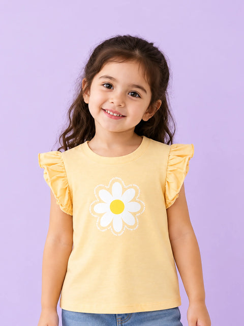 Girls Yellow Top – Daisy Flower Print with Ruffle Sleeves