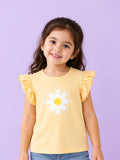Girls Yellow Top – Daisy Flower Print with Ruffle Sleeves