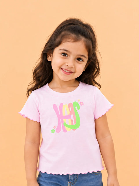 Girls Pink Top – Happy Floral Letter Print with Ruffled Edges