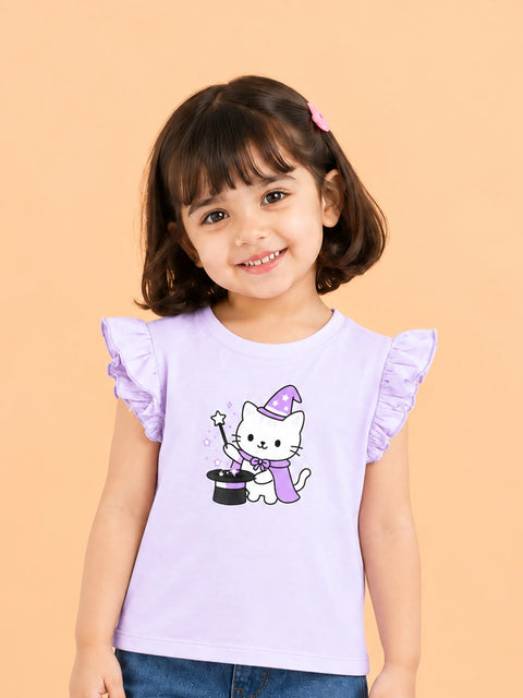 BambooTEC™ Bamboo Girls Lavender Top – Magic Cat Print with Ruffle Sleeves