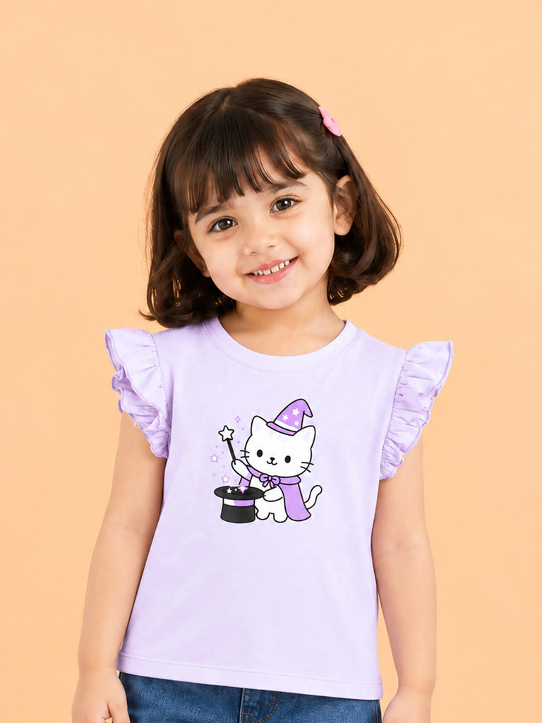 BambooTEC™ Bamboo Girls Lavender Top – Magic Cat Print with Ruffle Sleeves
