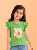 Girls Green Top – Pumpkin Season Print with Ruffle Sleeves