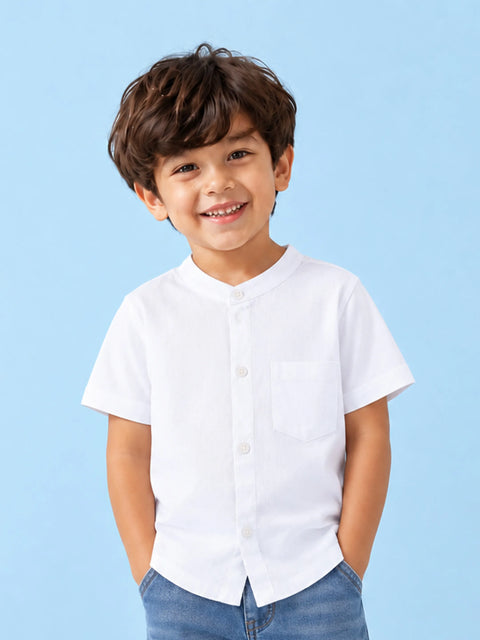 Boys White Cotton Mandarin Collar Shirt – Short Sleeve Casual Shirt