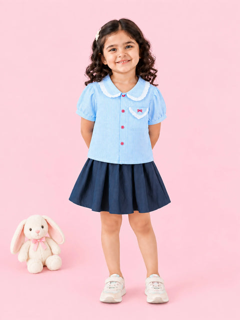 Girls Cotton Co-Ord Set – Blue Striped Shirt with Navy Flared Skirt